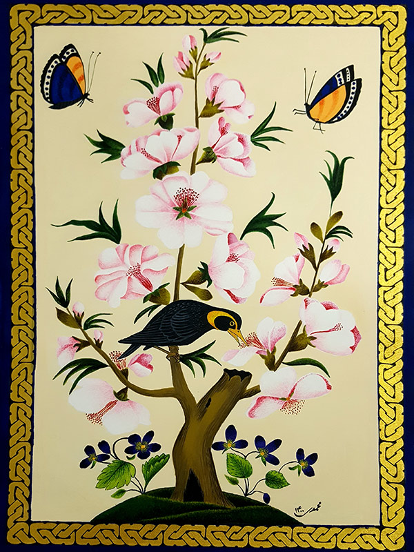 تابلو نقاشی گل و مرغ بهاری
